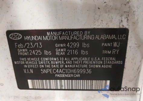 2013 Hyundai Sonata Limited z USA, uszkodzony, nr VIN 5NPEC4AC1DH699936